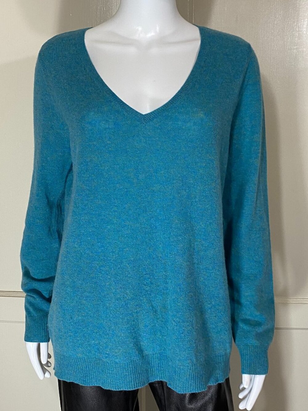 ANN TAYLOR 100% Cashmere V Neck Sweater Teal Blue Marled Women's XL Soft Luxury